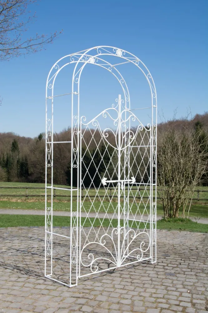 Arche à rosiers avec deux portes plantes grimpantes décoration jardin 220x120 cm en métal blanc vieilli 10_0003953