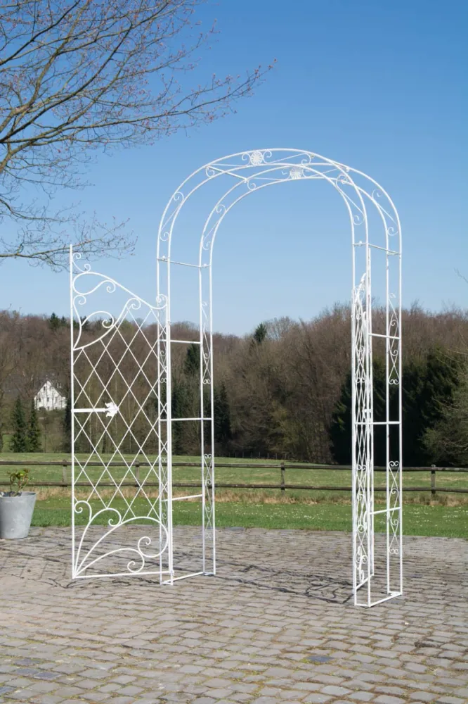 Arche à rosiers avec deux portes plantes grimpantes décoration jardin 220x120 cm en métal blanc vieilli 10_0003953