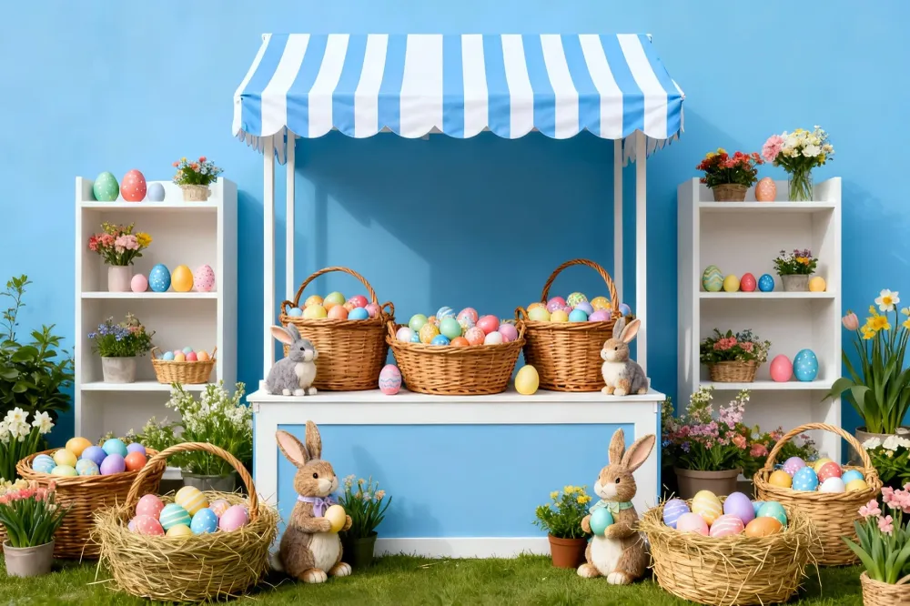 Décor photo pour Pâques Marché aux œufs à rayures bleues Décor lapin LXX512-117