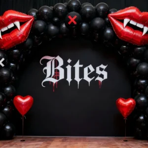 Fond lèvres qui s'embrassent Gothique Vampire Cœur Arche de ballons Fond pour la Saint-Valentin des années 90 LXX12-80