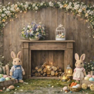 Fond de Pâques Manteau Rustique Lapin Fleurs GQ61-45