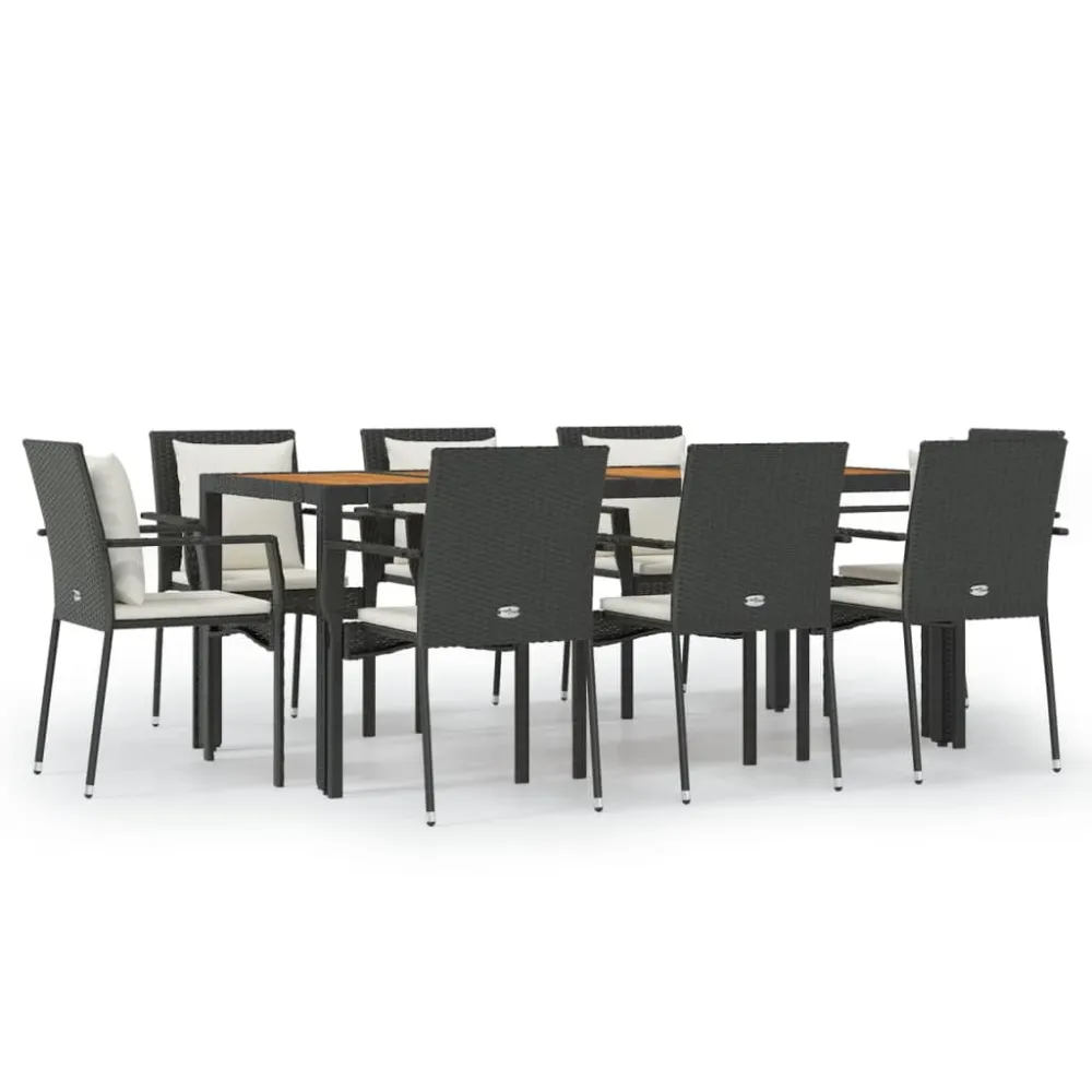 Mobilier à dîner de jardin 9 pièces et coussins noir résine tressée 02_0014838