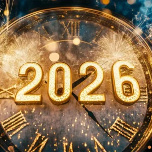 Toile de fond pour le Nouvel 2026 Feux d'artifice dorés Bokeh Horloge de compte à rebours Toile de fond pour photos TWW512-2