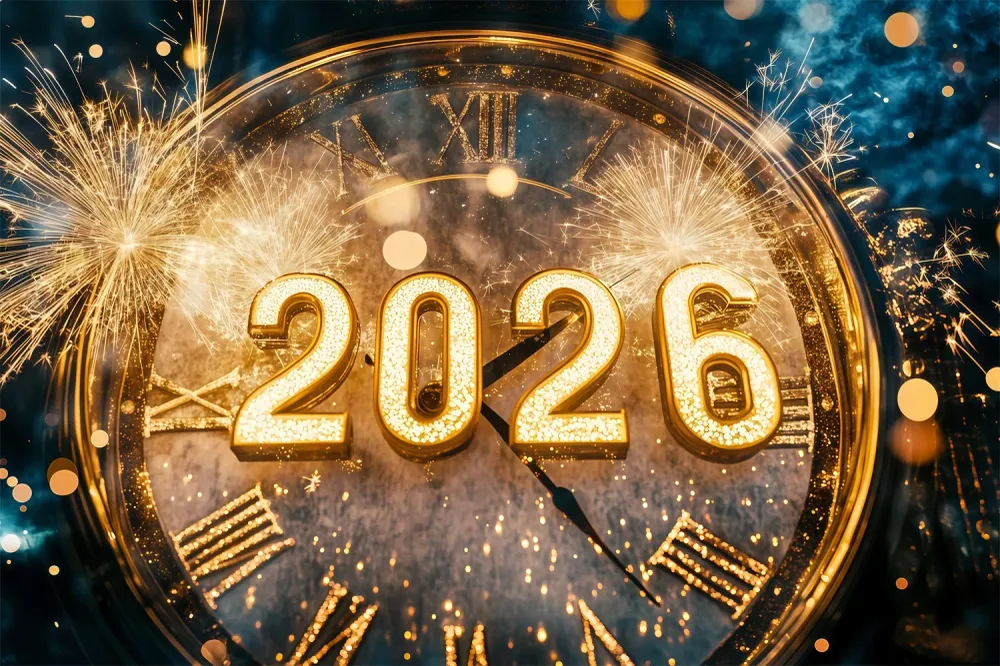 Toile de fond pour le Nouvel 2026 Feux d'artifice dorés Bokeh Horloge de compte à rebours Toile de fond pour photos TWW512-2