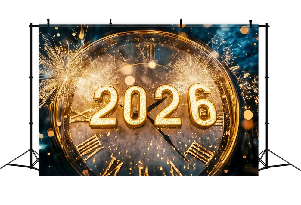 Toile de fond pour le Nouvel 2026 Feux d'artifice dorés Bokeh Horloge de compte à rebours Toile de fond pour photos TWW512-2