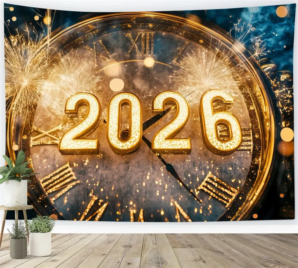 Toile de fond pour le Nouvel 2026 Feux d'artifice dorés Bokeh Horloge de compte à rebours Toile de fond pour photos TWW512-2