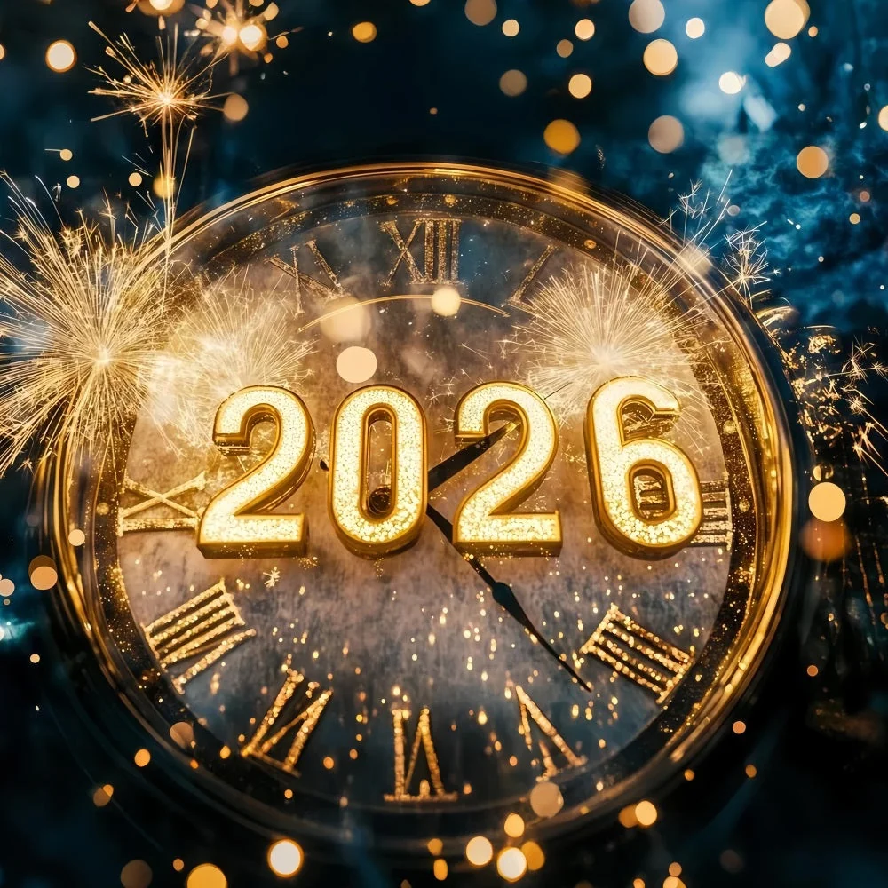 Toile de fond pour le Nouvel 2026 Feux d'artifice dorés Bokeh Horloge de compte à rebours Toile de fond pour photos TWW512-2