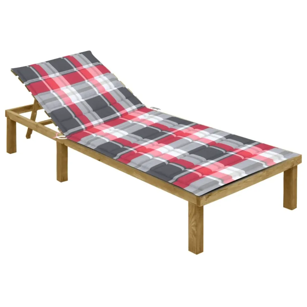 Transat chaise longue bain de soleil lit de jardin terrasse meuble d'extérieur avec coussin carreaux rouge bois de pin imp...