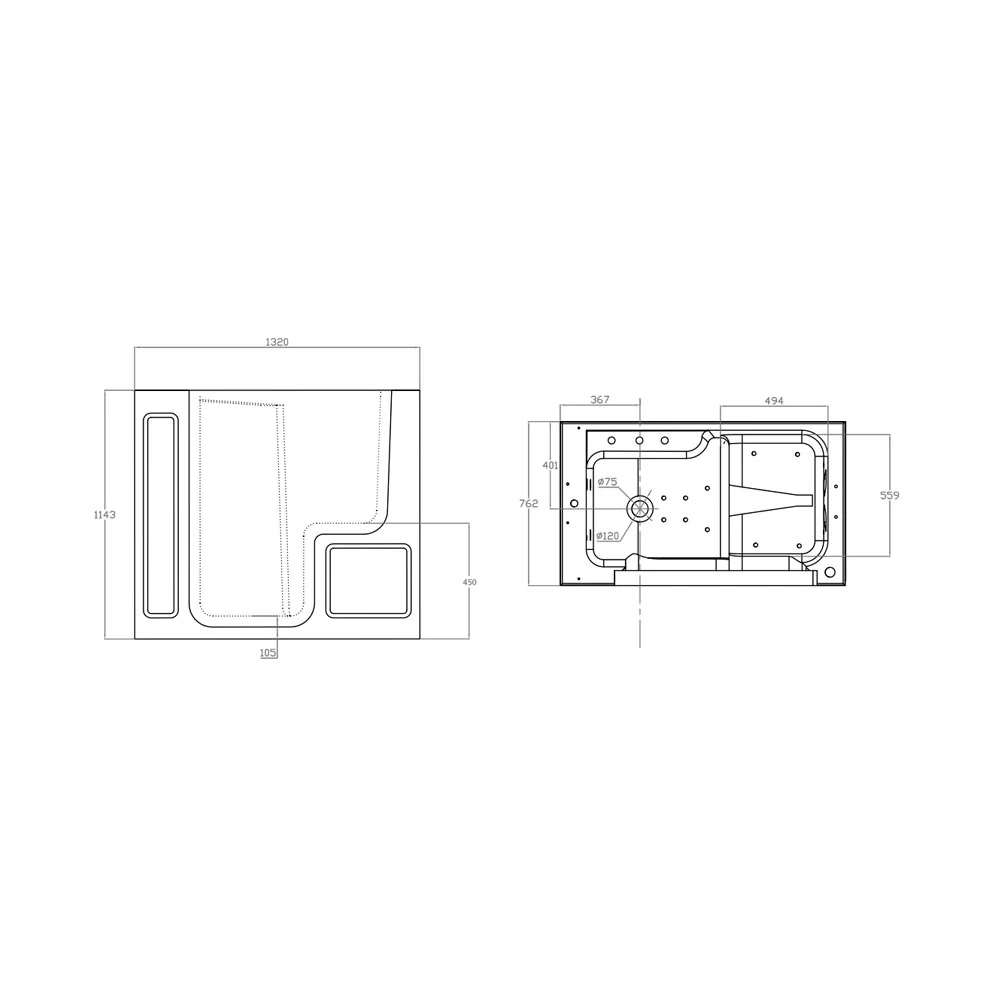 Vasque pour personnes âgées modèle Dalia 1320x762x1143 mm avec panneau côté droit