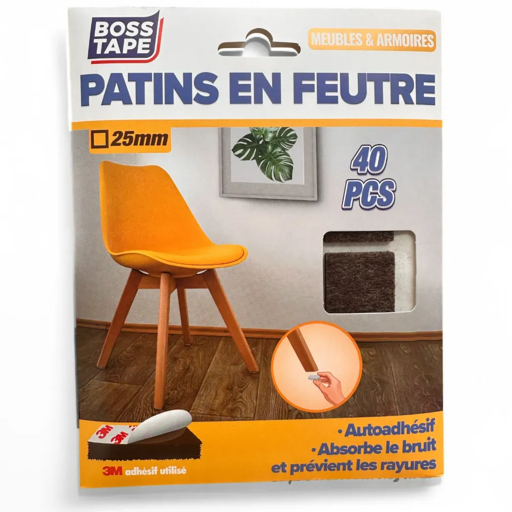 Patin Anti-Glissement BOSS TAPE Meuble Carré 25mm Marron (40pcs) avec spatule incluse
