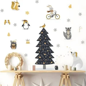 Protège-mains Stickers Noël animaux scandinaves - Autocollants stickers adhésifs noël - décoration fêtes - 90x60cm