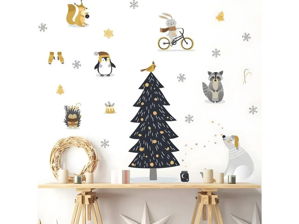 Protège-mains Stickers Noël animaux scandinaves - Autocollants stickers adhésifs noël - décoration fêtes - 90x60cm