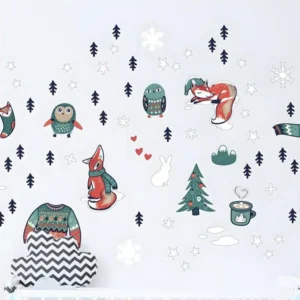 Stickers Noël renards hivernales - Autocollants stickers adhésifs noël - décoration fêtes - 60x75cm - Compatible Universelle
