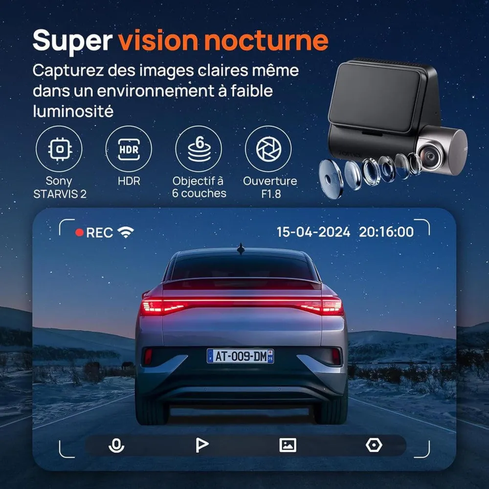 70mai - Caméra embarquée doublement avant/arrière, mode stationnement 24h/24, détection de mouvement, vision nocturne - Co...