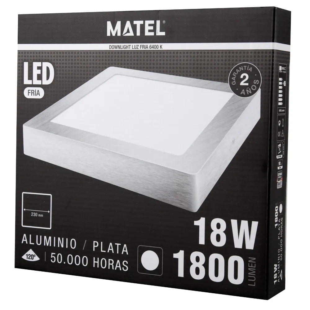 Éclairage intérieur DOWNLIGHT LED SURFACE CARRÉE MATEL ARGENT 18W
