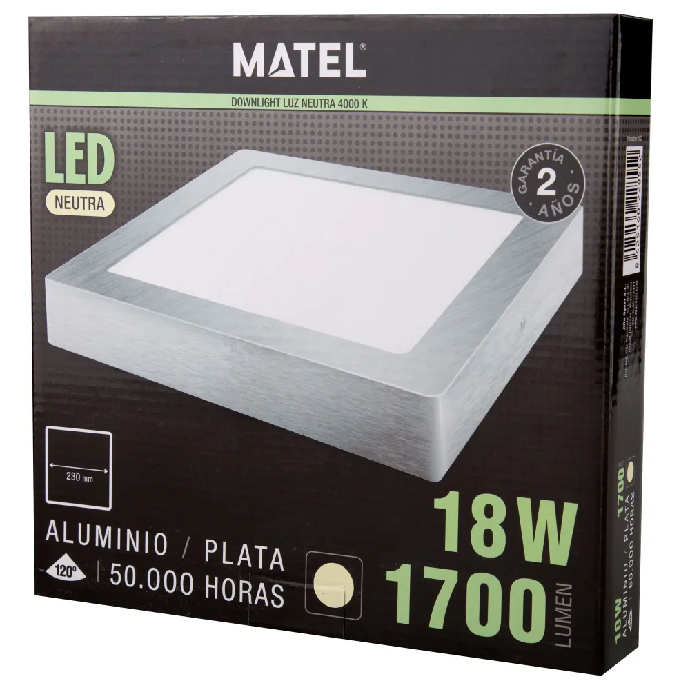 Éclairage intérieur DOWNLIGHT LED SURFACE CARRÉE MATEL ARGENT 18W