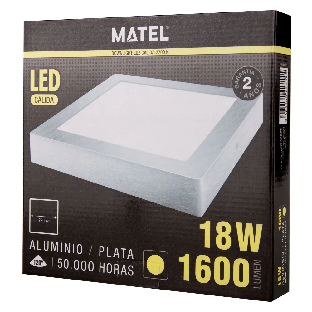 Éclairage intérieur DOWNLIGHT LED SURFACE CARRÉE MATEL ARGENT 18W