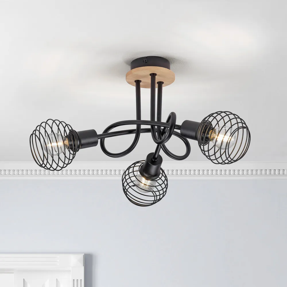 Plafonnier Eugen, 3 lampes, décor bois Blanc 6000K