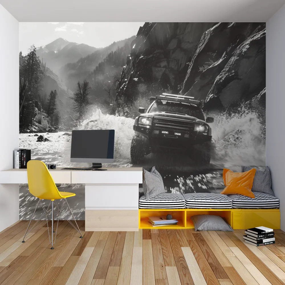 Papier Peint Mural Aventure | Design de Voiture de Rallye Noir et Blanc
