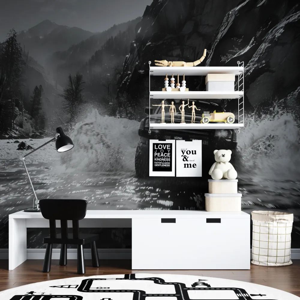 Papier Peint Mural Aventure | Design de Voiture de Rallye Noir et Blanc