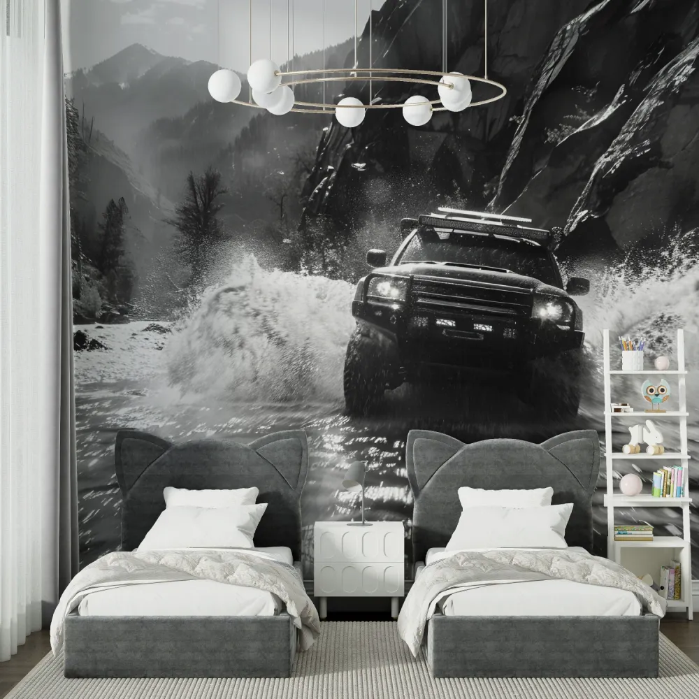 Papier Peint Mural Aventure | Design de Voiture de Rallye Noir et Blanc
