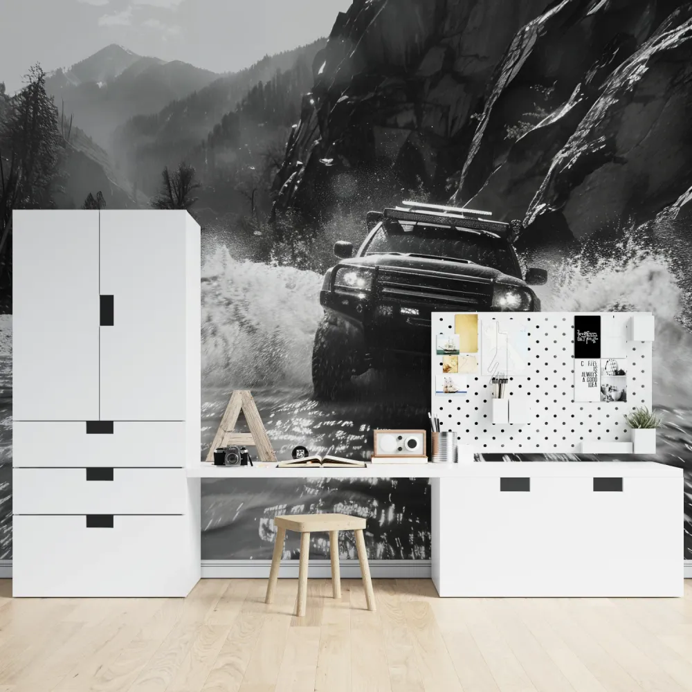 Papier Peint Mural Aventure | Design de Voiture de Rallye Noir et Blanc