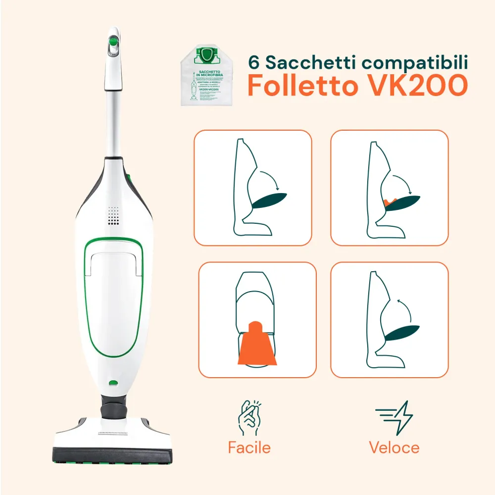 Sacchetti Compatibili VK200 Microfibra – 6 Pezzi Adattabili Vorwerk
