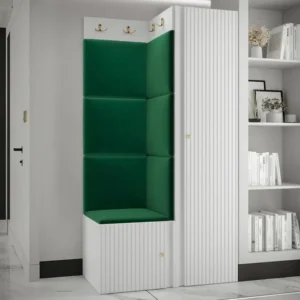 Meuble d'entrée Hartford 390, 186x82x46cm, Blanc|Vert, Stratifié|Tapisserie|MDF