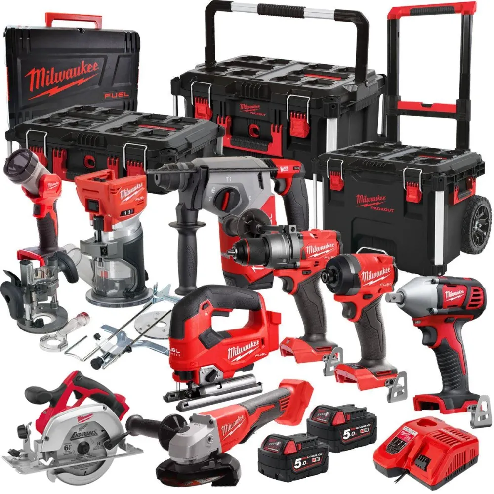 Milwaukee 18V Fuel Brushless 9 Piece Power Tool Kit 2 x 5.0Ah Battery Charger & Trolley Toolbox avec résistance accrue