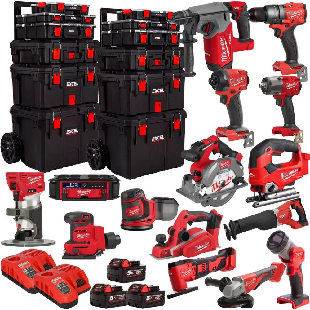 Milwaukee 18V 15 Piece Combo Kit 3 x 5.0Ah Battery & Trolley Toolbox