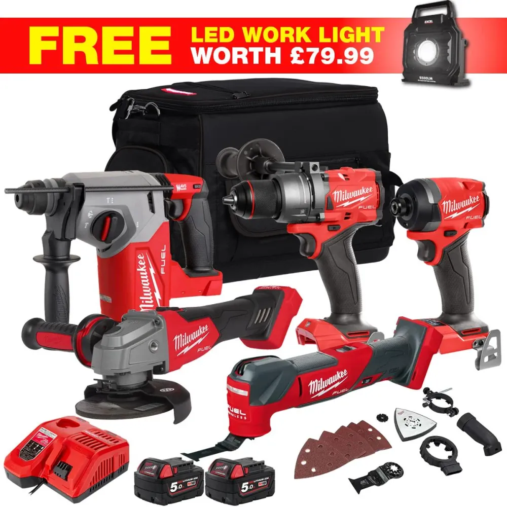 Milwaukee M18FPP4T3-552BWLF7 18V 6 Piece Brushless Power Tool Kit 2 x 5.0Ah Batteries & Charger