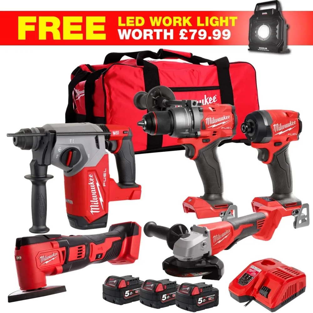 Milwaukee M18FPP6T2-502BWLF6 18V 6 Piece Power Tool Kit 3 x 5.0Ah Batteries Charger & Wheeled Bag
