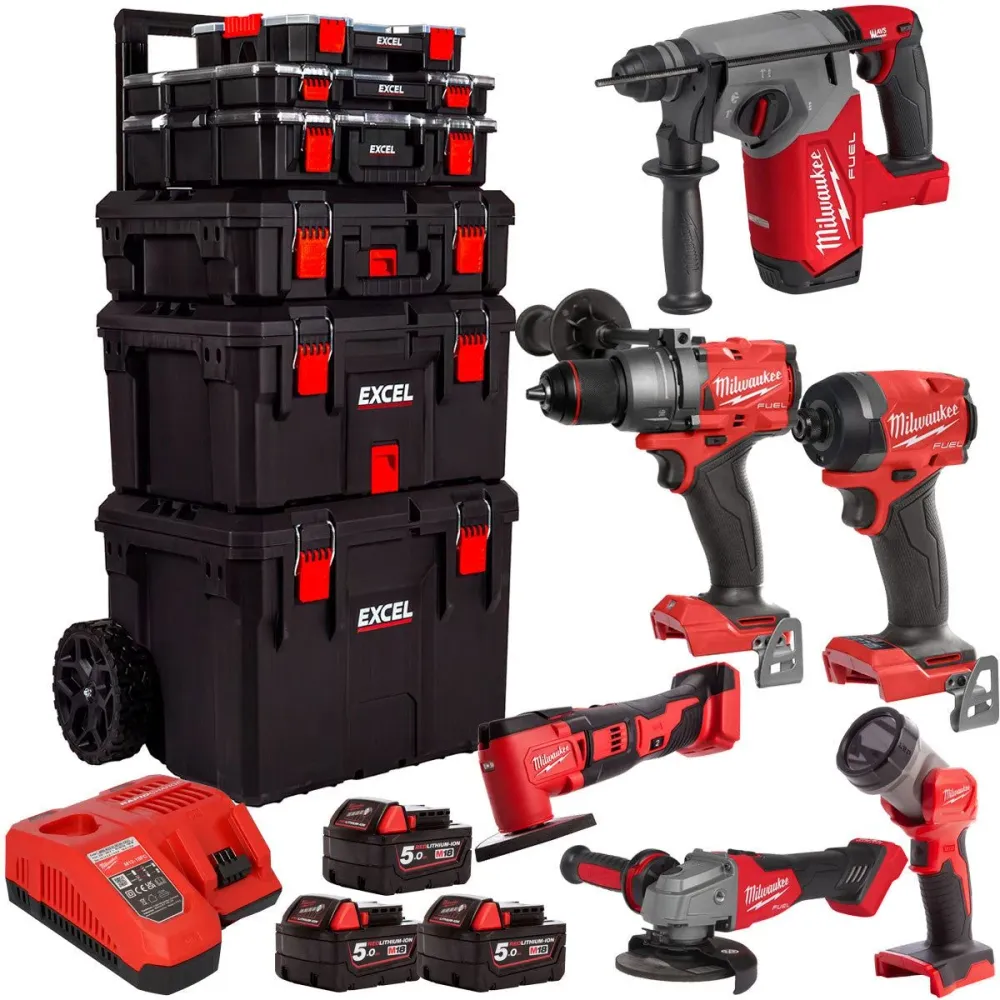 Professionnel Haute Résistance Milwaukee 18V 6 Piece Tool Kit 3 x 5.0Ah Battery & Trolley Toolbox