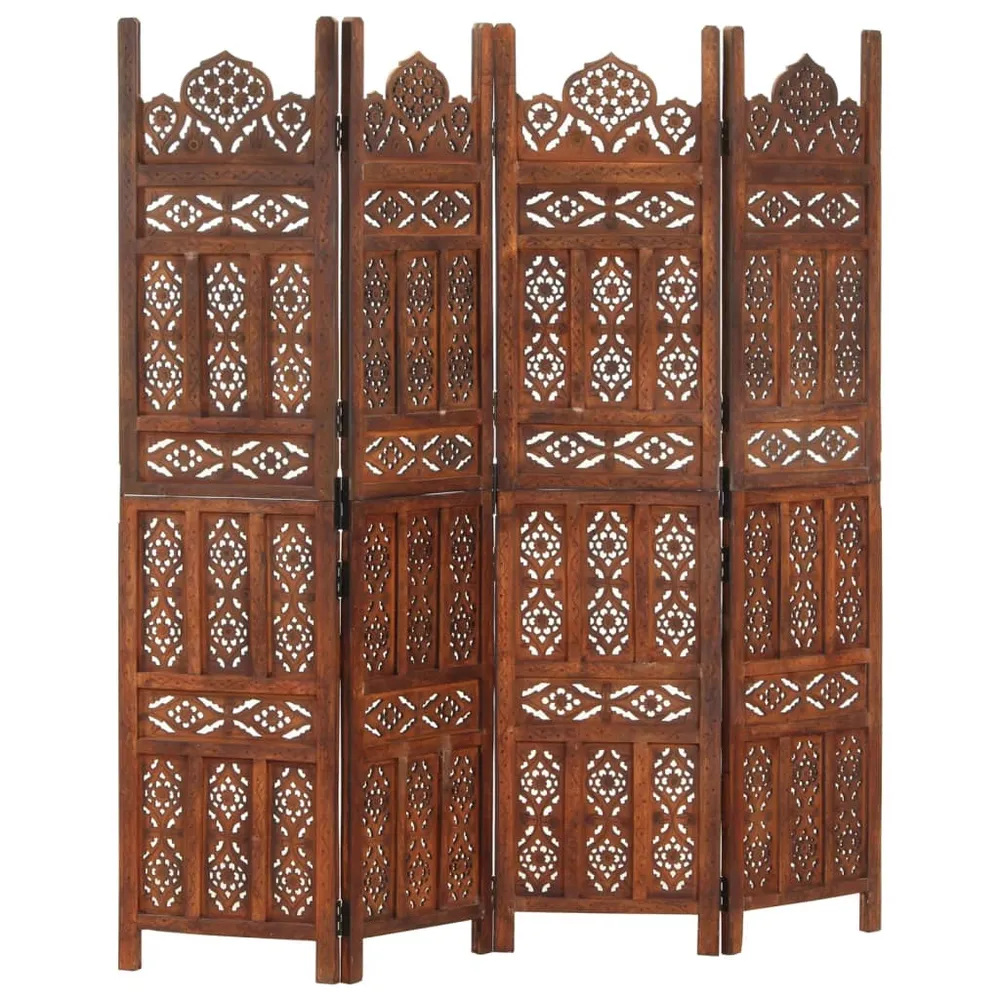Paravent séparateur de pièce cloison 4 panneaux motifs sculptés à la main 160 x 165cm bois manguier marron DEC030872