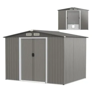 Abri de Jardin Métal Extérieur 4.7㎡ Acier Galvanisé avec Fondation, Toit Penché, 4 Persiennes, Deux fois Porte Coulissante...