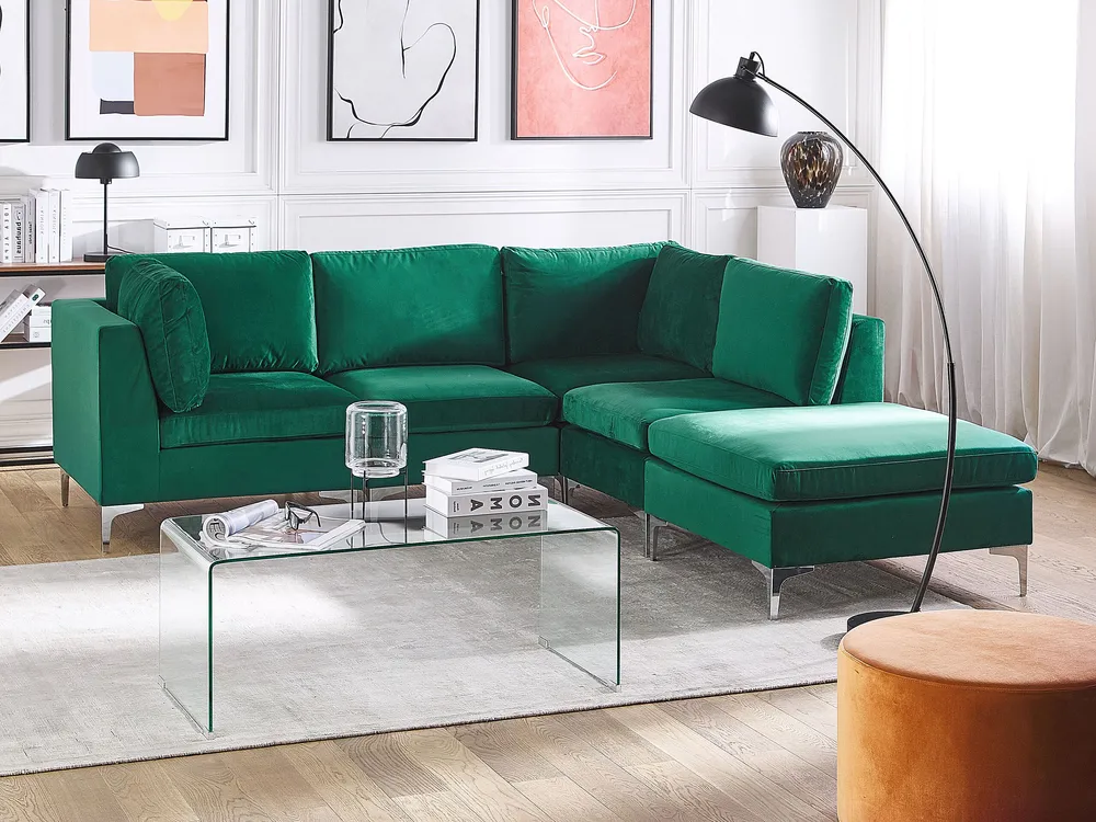 Left Hand 4 Seater Combinable Velvet Corner Sofa Ottoman Green EVJA