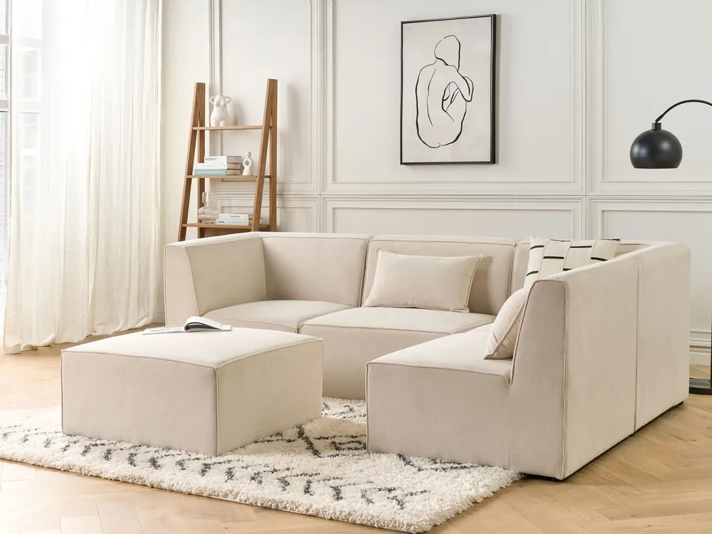 Left Hand 4 Seater Modular Jumbo Cord Corner Sofa Ottoman Sable LEMVIG