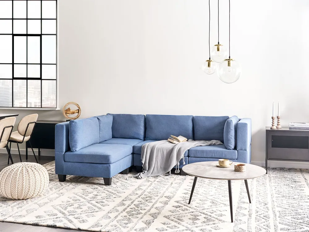 4 Seater Right Hand Configurable Fabric Corner Sofa Blue UNSTAD