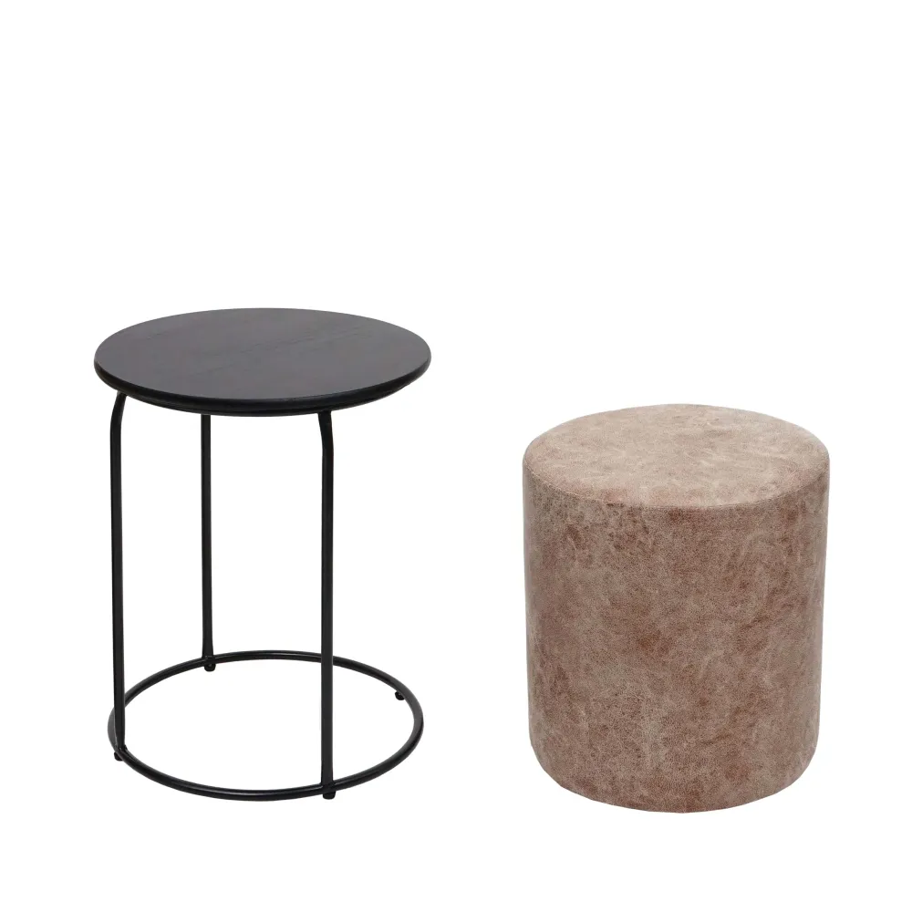 Set table-tabouret table d'appoint repose-pieds MDF VINYLE marron et métal noir 04_0007477
