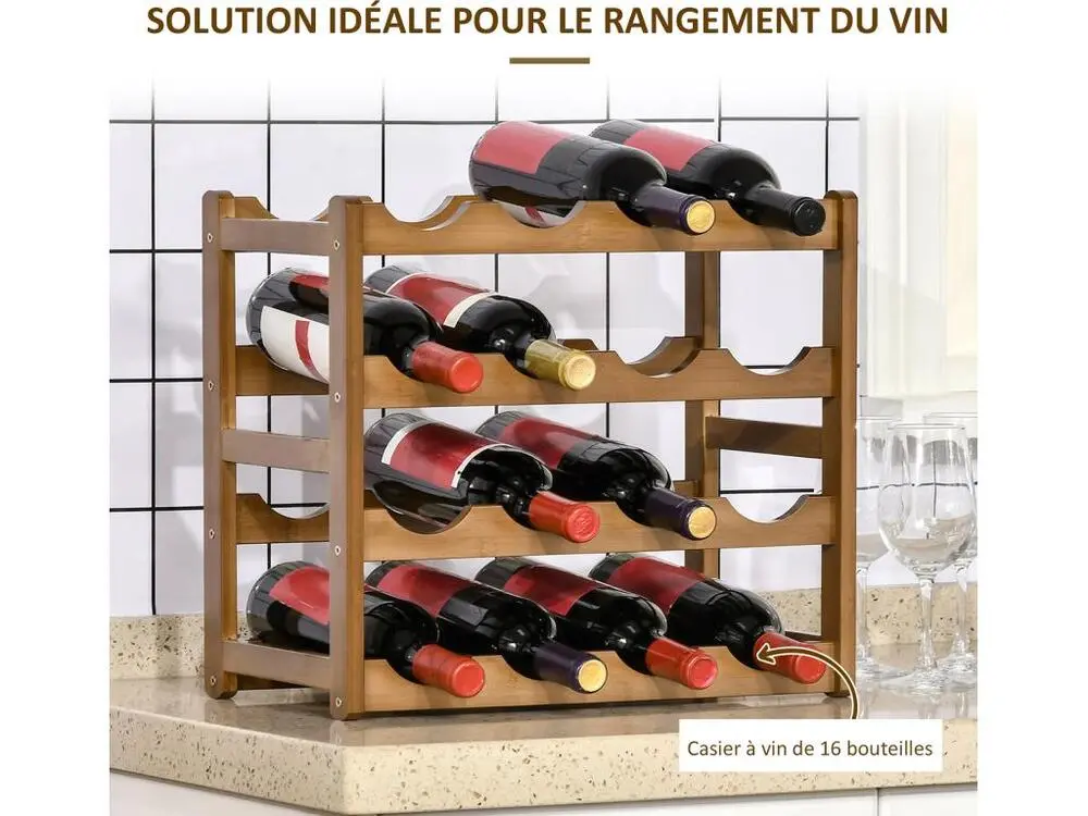 Étagère à bouteilles casier à vin range bouteilles horizontal 4 niv. 16 bouteilles max. bois de bambou