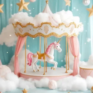 Toile de fond Nouveau-Né Licorne Carrousel Nuages Roses LXX58-355