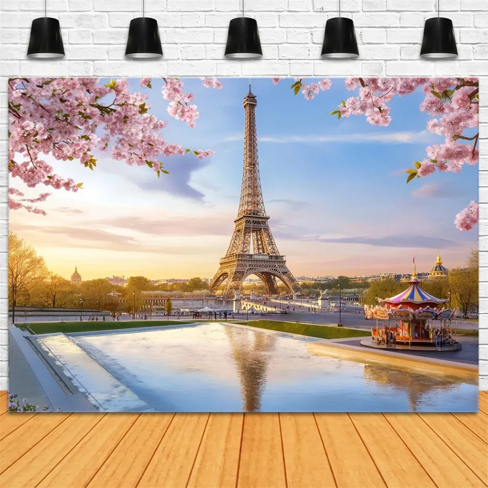 Toile de fond Paris Ville Française Tour Eiffel Carrousel Fleurs LXX59-33