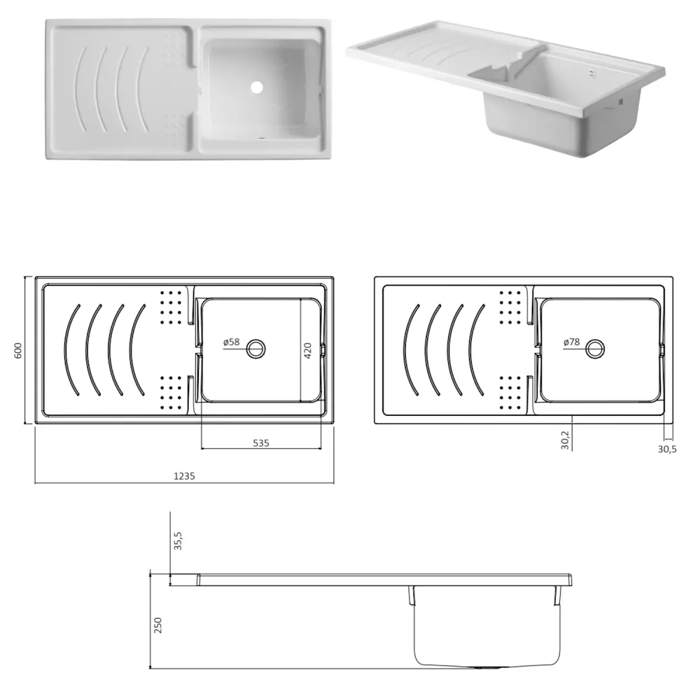Mobile coprilavatrice 124X60 cm avec lavabo et plan de travail. Version avec cuve à droite MADE ITALY
