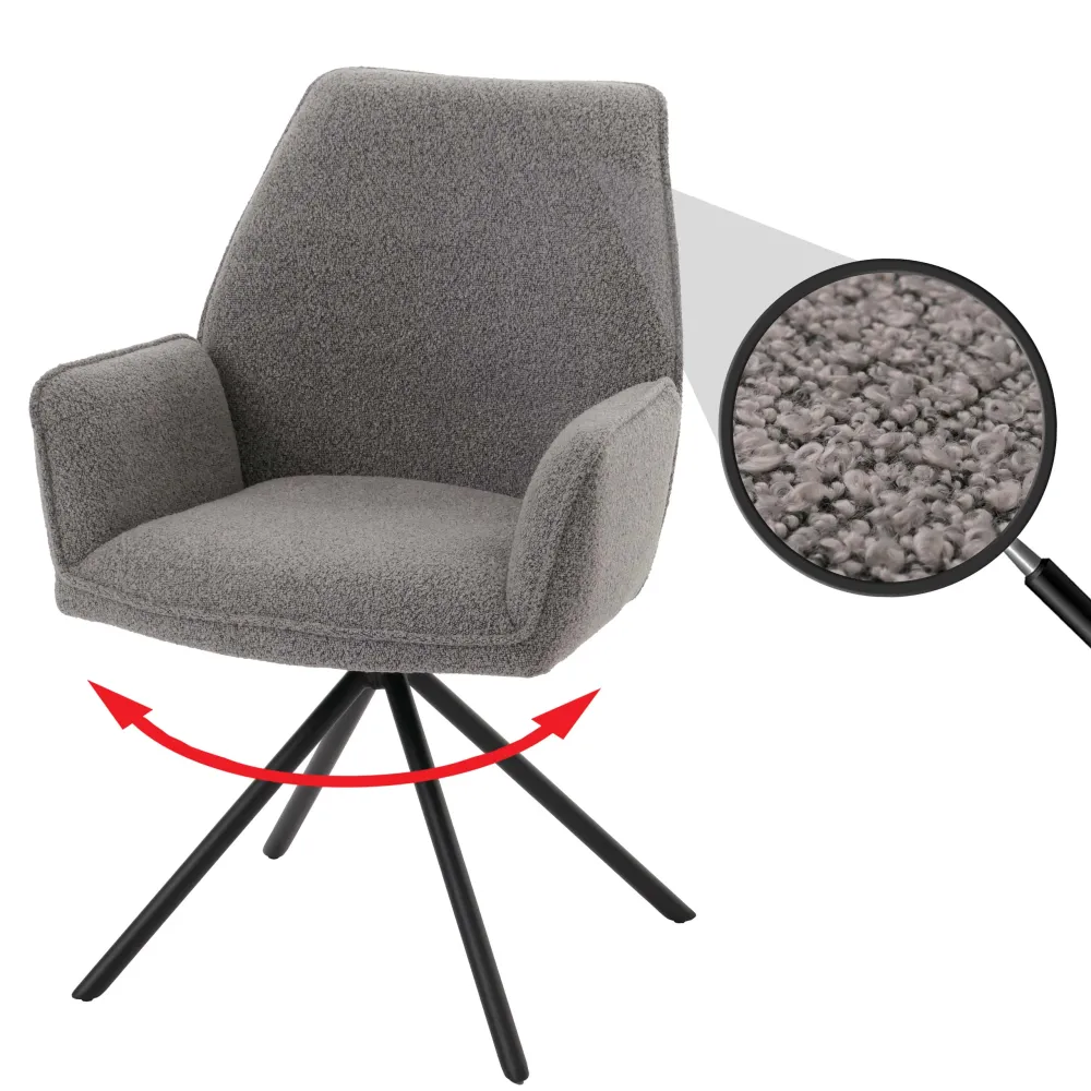 Chaise de salle à manger avec accoudoir siège rotatif en tissu bouclé gris manifeste cadre trépied 04_0006273