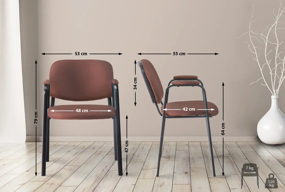Chaise visiteur avec accoudoirs intégrés zone d'attente en tissu marron piètement à 4 pieds en métal noir 10_0003386