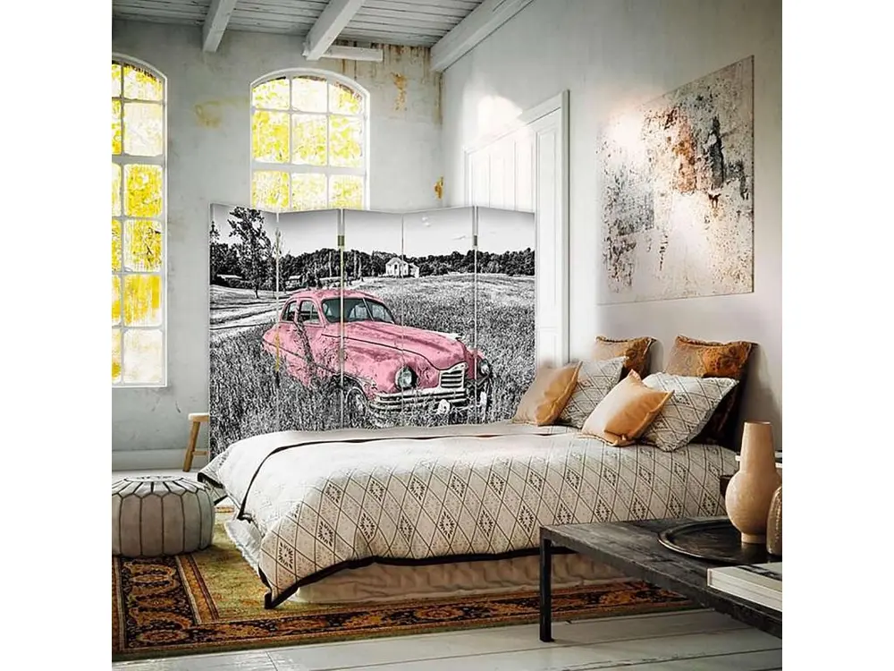 Paravent voiture rose dans un champ 5 volets - 180 x 180 cm - 2 faces R° V°