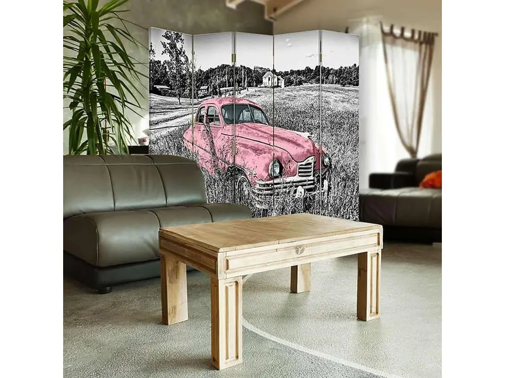 Paravent voiture rose dans un champ 5 volets - 180 x 180 cm - 2 faces R° V°