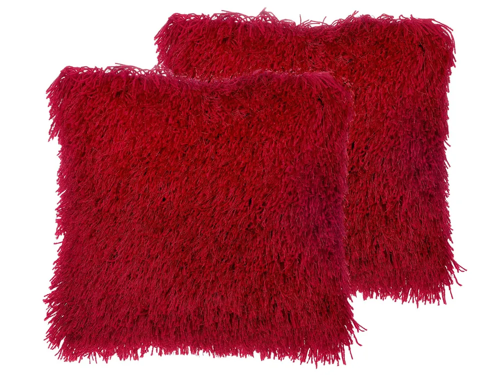 Set 2 Shaggy Cushions 45 x 45 cm Red CIDE
