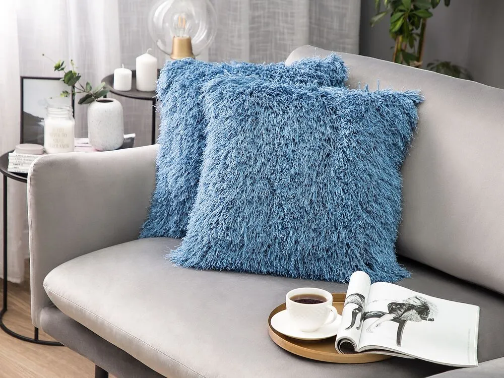 Sierkussen set van 2 shaggy blauw 45 x 45 cm CIDE