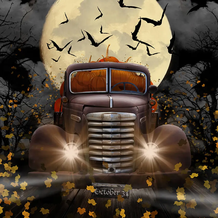 Toile de fond de citrouille de voiture de conduite d'Halloween pour la photographie D863